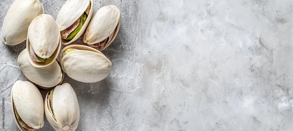 Poster pistachios displayed on white table with abundant room for text, ideal for versatile use