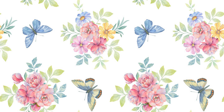 butterflies and flowers, seamless pattern on dark background, watercolor painting illustration, luxury wallpaper, premium modern design