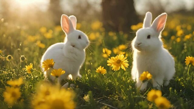 4K Looped Playful Easter Bunnies Frolic in Field of Sunshine Yellow Daisies on a Breezy Spring Day