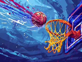 A basketball ball flies fast into a basketball basket. Sport game banner 