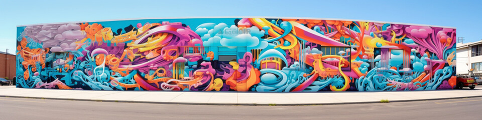 Experience the urban landscape transformed by the bold colors and psychedelic designs of a street art mural.
