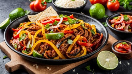 Fajita is a dish of Texan—Mexican cuisine, which is wrapped in a tortilla - obrazy, fototapety, plakaty