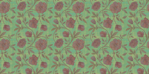 Seamless pattern with watercolor flowers, abstract ornament design. Illustration of drawn branches with flowers and leaves for design, seamless background