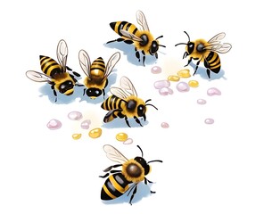 bee and honey,bee on white background,bees and honey, honey bees eating sugar on the ground, bees scattered on the floor, how honey bee prepare their food, preparation of honey