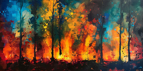 abstract, expressionist, forest fire, flames, bold colors