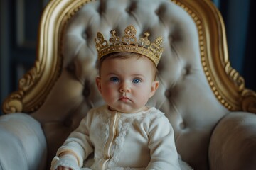 Obraz premium Portrait of a baby with wide eyes wearing a crown, seated on a luxurious chair