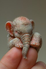 Tiny Sculpted Sleeping Elephant Cradled on Human Finger, Intricate Craft Detail