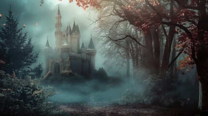 fairytale castle in a gloomy fairytale forest