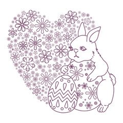 イースターエッグを抱えるかわいいウサギとハート型の花模様背景の線画イラスト