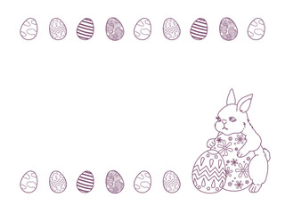 並んだイースターエッグとイースターエッグを抱えるかわいいウサギの線画フレーム
