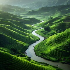 A winding river meanders through lush green valleys, reflecting the beauty of the surrounding landscape. 
