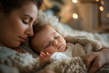 Gentle portrait of a peaceful mother holding her sleeping baby