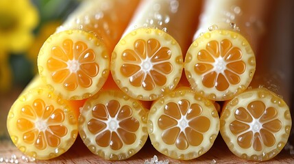 Close-Up of Sugarcane Pieces with Fresh Citrus Pattern Cross-Section