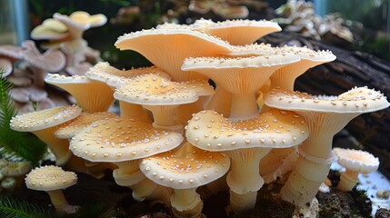 Cluster of Vibrant Yellow Wild Mushrooms Thriving on a Decaying Log in a Forest
