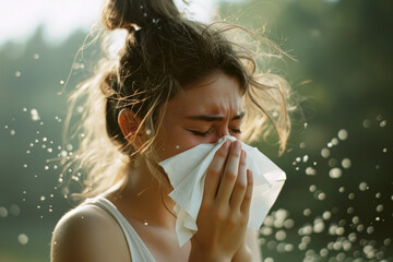 jeune femme en train de se moucher le nez à cause d'allergie respiratoire saisonnière - obrazy, fototapety, plakaty