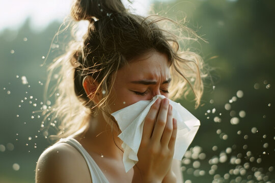jeune femme en train de se moucher le nez à cause d'allergie respiratoire saisonnière