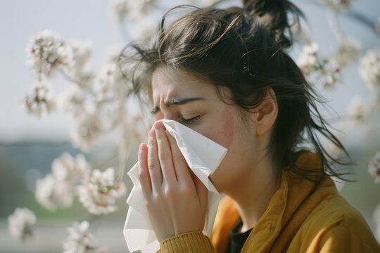 jeune femme en train de se moucher le nez &agrave; cause d'allergie respiratoire saisonni&egrave;re