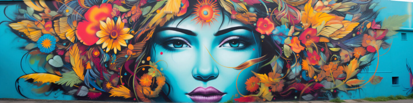 Immerse yourself in the beauty and creativity of a psychedelic street art mural on a city wall.