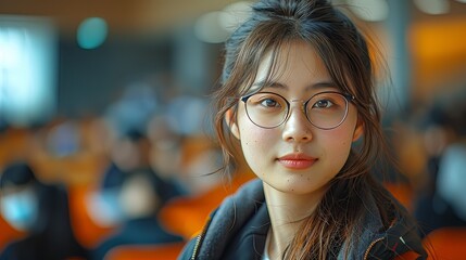 Intelligent Young Woman with Glasses Captured in a Moment of Clarity at University - obrazy, fototapety, plakaty