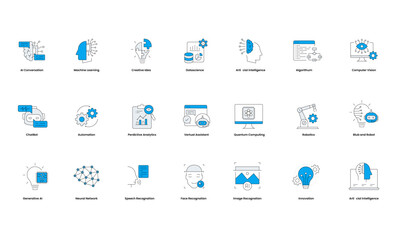Vector Artificial Intelligence icon set for web and mobile apps. Smart conversation, Machine learning, deep learning, technology icons.