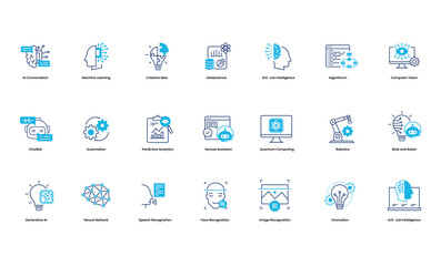 Vector Artificial Intelligence icon set for web and mobile apps. Smart conversation, Machine learning, deep learning, technology icons.