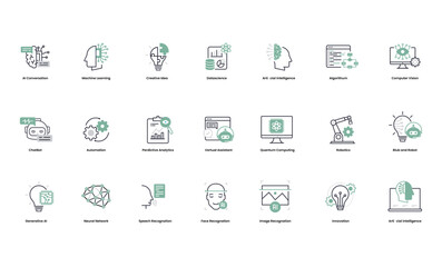 Vector Artificial Intelligence icon set for web and mobile apps. Smart conversation, Machine learning, deep learning, technology icons.