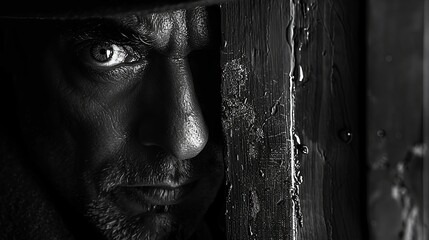Intense Monochrome Portrait of a Man Peering Through Darkness