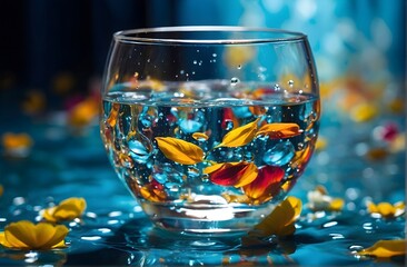 clear water filled in a clear glass with a flower - obrazy, fototapety, plakaty