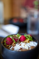 breakfast bowl with raspberries, mint, coconut, organic, smoothie bowl 