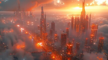 Futuristic Cityscape with Glowing Skyscrapers and Misty Sunset