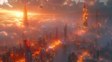 Epic Sunrise over a Surreal Sci-Fi Metropolis Shrouded in Clouds