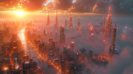 Dystopian Megacity with Radiant Dawn Light Piercing Through Mist - obrazy, fototapety, plakaty