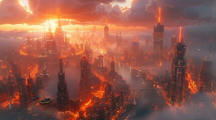 Apocalyptic Vision of a Fiery Skyline with Neon Lights and Smoky Haze

