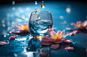 clear water filled in a clear glass with a flower