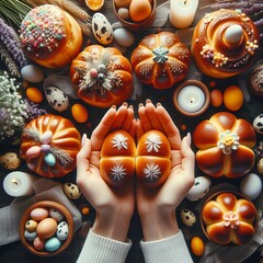 An image depicting the hands of two women holding Easter buns (Paskalya çöreği) and colorful Easter eggs, symbolizing joy, sharing, and the festive spirit of Easter celebrations.