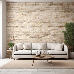 A modern living area with an old, texture-detailed pattern backdrop of white and cream coloured rock stone brick tiles