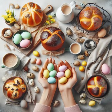 An image depicting the hands of two women holding Easter buns (Paskalya çöreği) and colorful Easter eggs, symbolizing joy, sharing, and the festive spirit of Easter celebrations.
