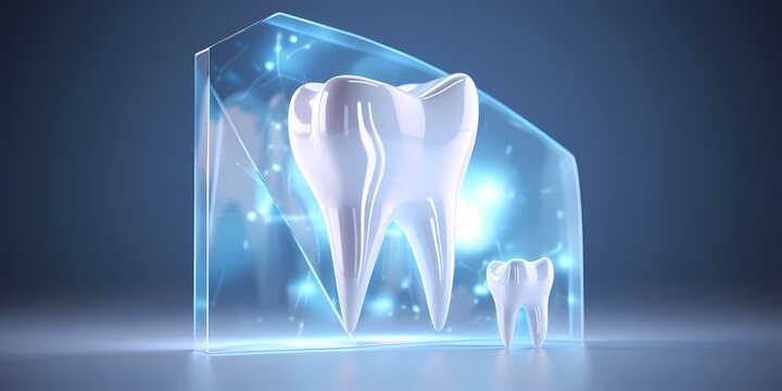 Two 3d Tooth in digital design. Stomatology dental protection, treatment in clinic or hospital. Healthcare and medical. Hi-tech, futuristic and digital technology background concept.