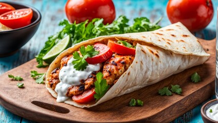 Greek gyros is pork meat fried on a fire or on a spit, wrapped in a wheat tortilla.