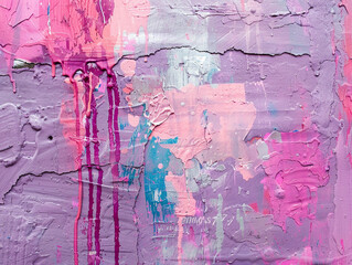 Abstract messy paint strokes and smudges on an old painted wall. Pink, purple, blue color drips, flows, streaks of paint and paint sprays 