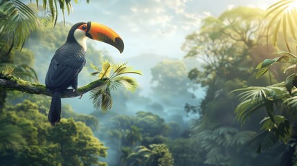 Toucan perched on a branch in a lush rainforest - obrazy, fototapety, plakaty