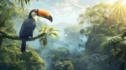 Wandcirkels aluminium Toucan perched on a branch in a lush rainforest © Roza