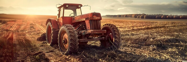 An antique tractor chugging through a sunlit field, juxtaposing tradition with modern agricultural practices