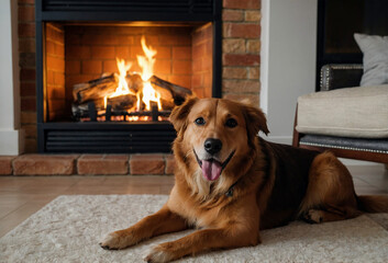 National Pet Day concept cozy living room setting with a happy dog cuddled up next to a fireplace