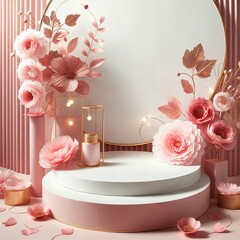 Minimalist Product Stage Pink Floral Podium with Text & Product Space 