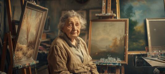 Portrait of an elderly artist in her studio, looking at the viewer with a confident and surprised expression