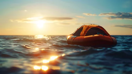Stoff pro Meter Life raft floating on ocean surface , safety equiment for boat and ship concept . © Piyaporn
