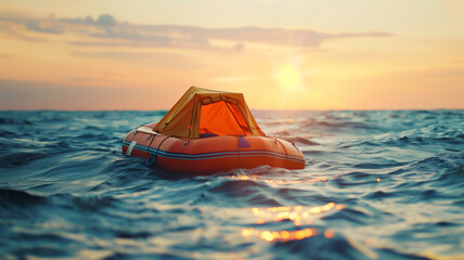 Life raft floating on ocean surface , safety equiment for boat and ship concept . - obrazy, fototapety, plakaty