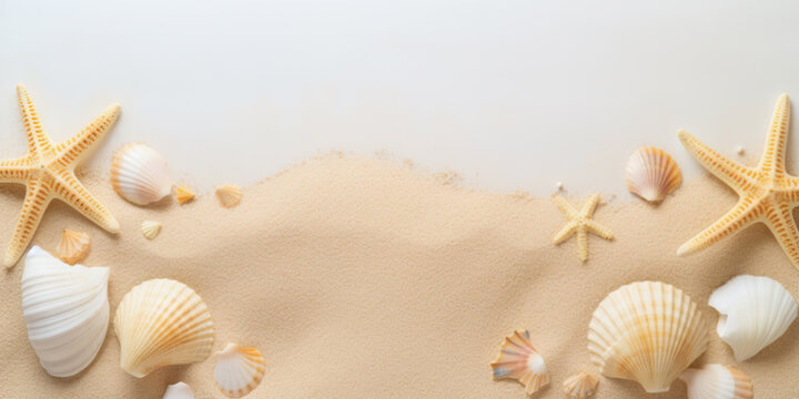Flowers and sea shells frame on sand background with starfish and copy space. Design template