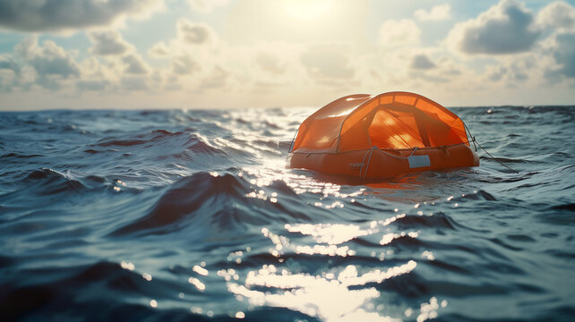 Life raft floating on ocean surface , safety equiment for boat and ship concept .